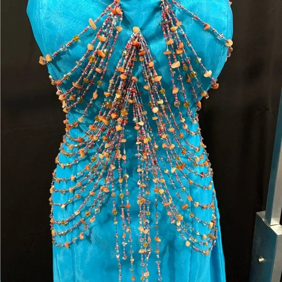 Strapless Turquoise Beaded/Shell Prom Dress - Picture 3 of 7